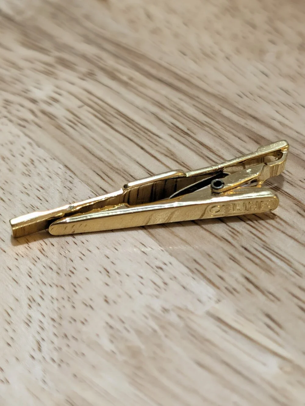 Vintage Celine Gold Tone Textured Tie Clip Triomphe Logo